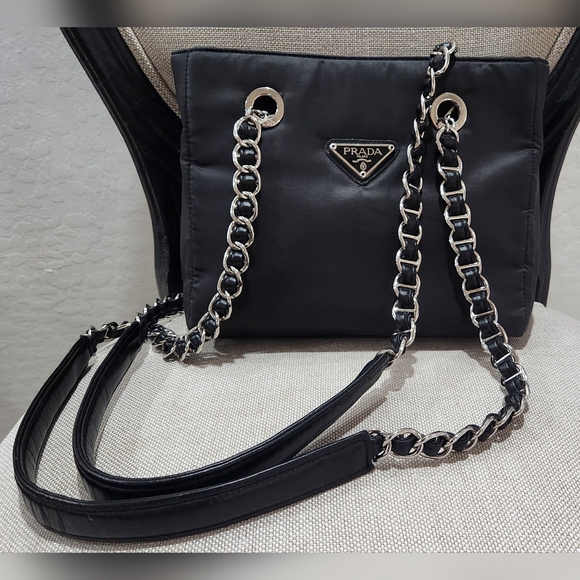 PRADA Black Nylon Tessuto Tote with Leather Thread Chain - Picture 2 of 16